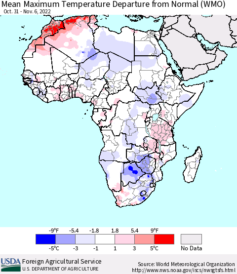 Africa Mean Maximum Temperature Departure from Normal (WMO) Thematic Map For 10/31/2022 - 11/6/2022
