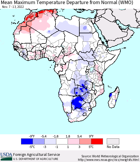Africa Mean Maximum Temperature Departure from Normal (WMO) Thematic Map For 11/7/2022 - 11/13/2022