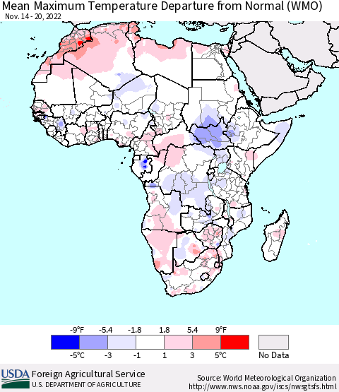 Africa Mean Maximum Temperature Departure from Normal (WMO) Thematic Map For 11/14/2022 - 11/20/2022