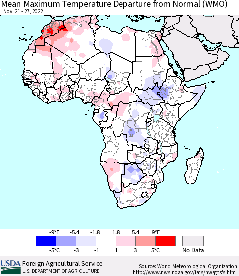 Africa Mean Maximum Temperature Departure from Normal (WMO) Thematic Map For 11/21/2022 - 11/27/2022