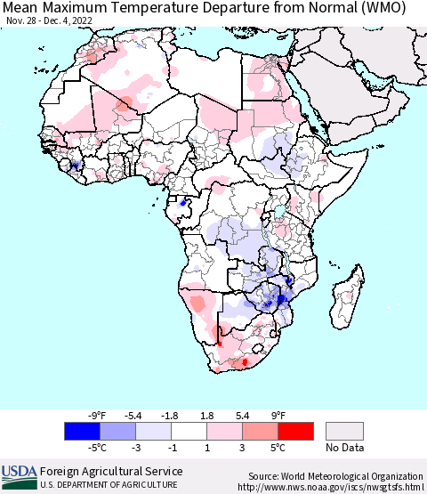 Africa Mean Maximum Temperature Departure from Normal (WMO) Thematic Map For 11/28/2022 - 12/4/2022