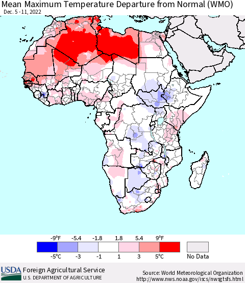 Africa Mean Maximum Temperature Departure from Normal (WMO) Thematic Map For 12/5/2022 - 12/11/2022
