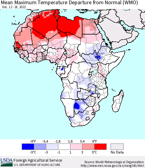 Africa Mean Maximum Temperature Departure from Normal (WMO) Thematic Map For 12/12/2022 - 12/18/2022