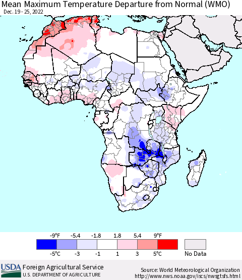 Africa Mean Maximum Temperature Departure from Normal (WMO) Thematic Map For 12/19/2022 - 12/25/2022