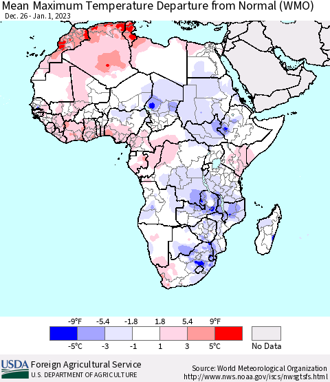 Africa Mean Maximum Temperature Departure from Normal (WMO) Thematic Map For 12/26/2022 - 1/1/2023