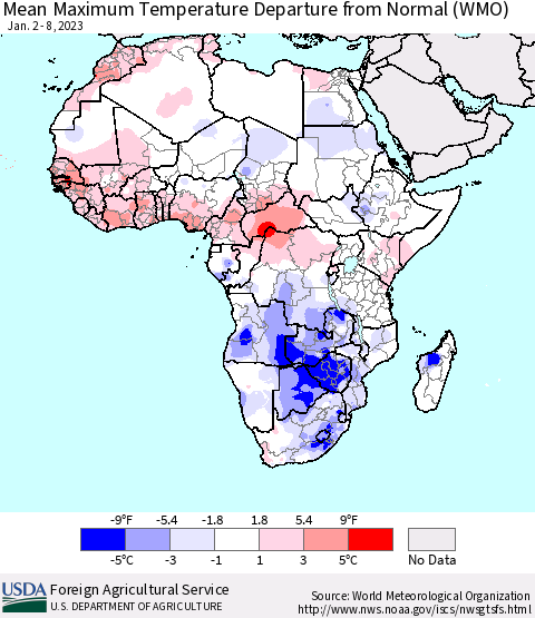 Africa Mean Maximum Temperature Departure from Normal (WMO) Thematic Map For 1/2/2023 - 1/8/2023