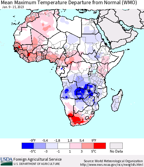 Africa Mean Maximum Temperature Departure from Normal (WMO) Thematic Map For 1/9/2023 - 1/15/2023