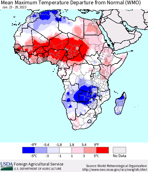 Africa Mean Maximum Temperature Departure from Normal (WMO) Thematic Map For 1/23/2023 - 1/29/2023