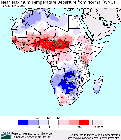 Africa Mean Maximum Temperature Departure from Normal (WMO) Thematic Map For 1/30/2023 - 2/5/2023