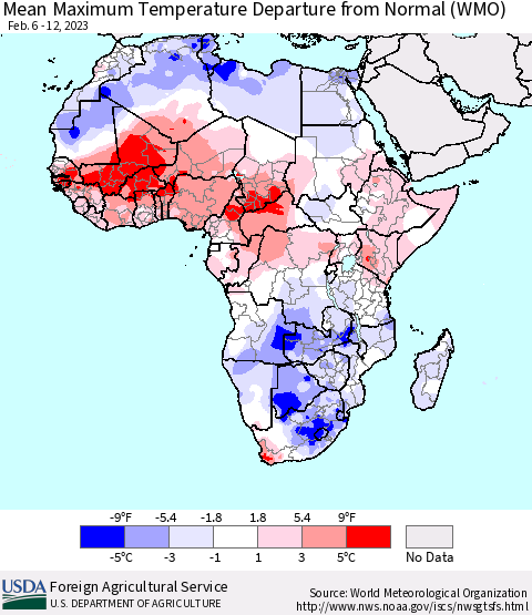 Africa Mean Maximum Temperature Departure from Normal (WMO) Thematic Map For 2/6/2023 - 2/12/2023