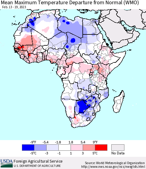 Africa Mean Maximum Temperature Departure from Normal (WMO) Thematic Map For 2/13/2023 - 2/19/2023