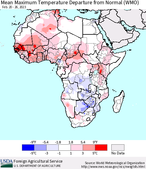 Africa Mean Maximum Temperature Departure from Normal (WMO) Thematic Map For 2/20/2023 - 2/26/2023