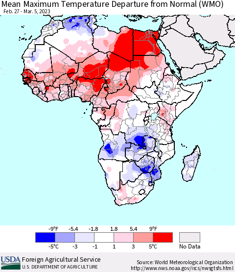 Africa Mean Maximum Temperature Departure from Normal (WMO) Thematic Map For 2/27/2023 - 3/5/2023
