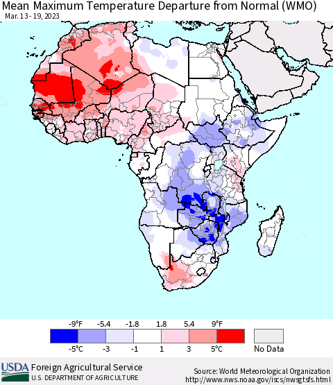 Africa Mean Maximum Temperature Departure from Normal (WMO) Thematic Map For 3/13/2023 - 3/19/2023