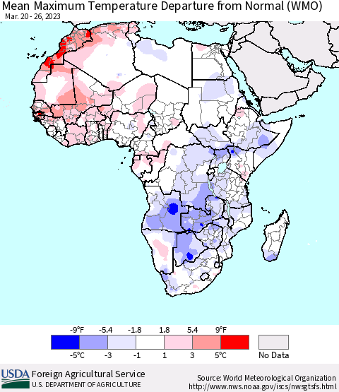 Africa Mean Maximum Temperature Departure from Normal (WMO) Thematic Map For 3/20/2023 - 3/26/2023