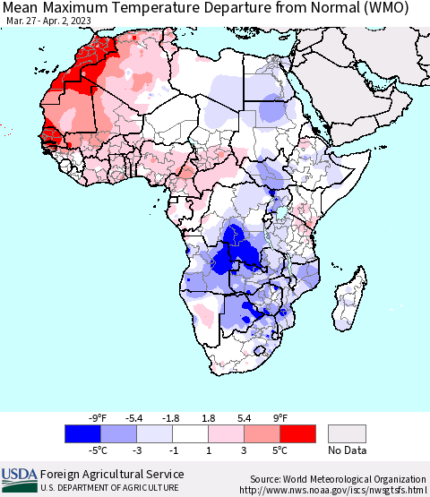 Africa Mean Maximum Temperature Departure from Normal (WMO) Thematic Map For 3/27/2023 - 4/2/2023