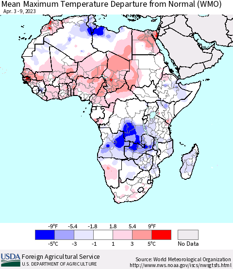 Africa Mean Maximum Temperature Departure from Normal (WMO) Thematic Map For 4/3/2023 - 4/9/2023