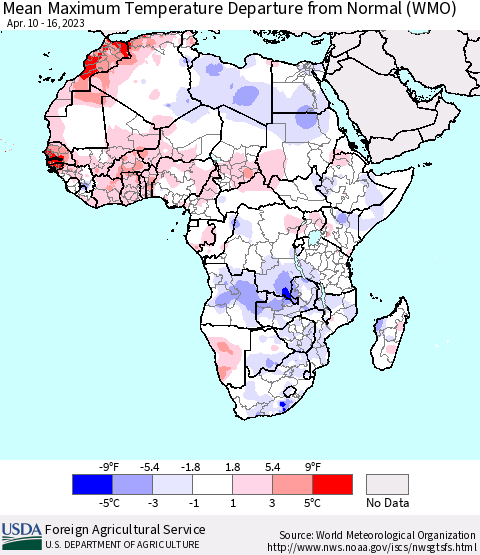 Africa Mean Maximum Temperature Departure from Normal (WMO) Thematic Map For 4/10/2023 - 4/16/2023