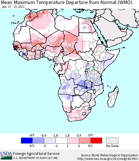 Africa Mean Maximum Temperature Departure from Normal (WMO) Thematic Map For 4/17/2023 - 4/23/2023