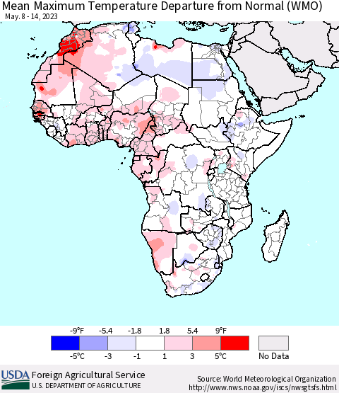 Africa Mean Maximum Temperature Departure from Normal (WMO) Thematic Map For 5/8/2023 - 5/14/2023