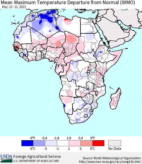 Africa Mean Maximum Temperature Departure from Normal (WMO) Thematic Map For 5/15/2023 - 5/21/2023