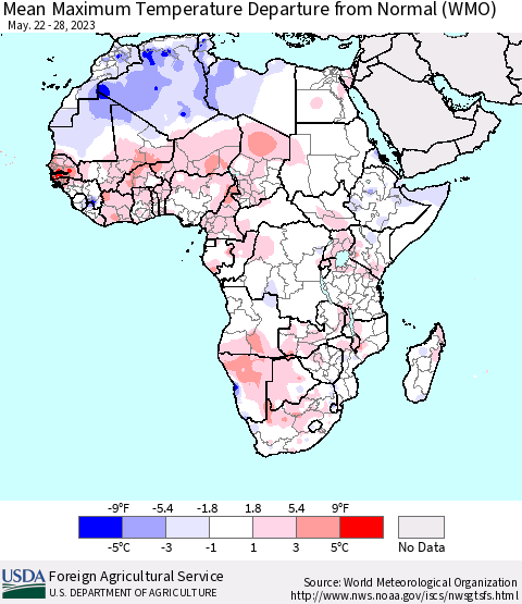 Africa Mean Maximum Temperature Departure from Normal (WMO) Thematic Map For 5/22/2023 - 5/28/2023