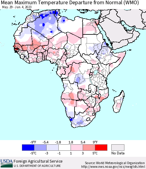 Africa Mean Maximum Temperature Departure from Normal (WMO) Thematic Map For 5/29/2023 - 6/4/2023