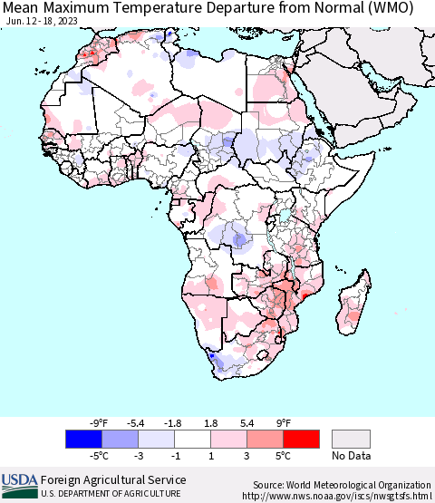 Africa Mean Maximum Temperature Departure from Normal (WMO) Thematic Map For 6/12/2023 - 6/18/2023