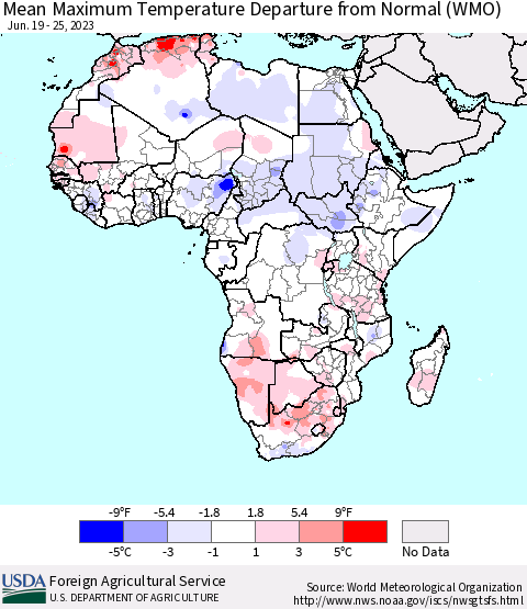 Africa Mean Maximum Temperature Departure from Normal (WMO) Thematic Map For 6/19/2023 - 6/25/2023
