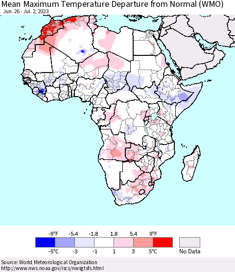 Africa Mean Maximum Temperature Departure from Normal (WMO) Thematic Map For 6/26/2023 - 7/2/2023