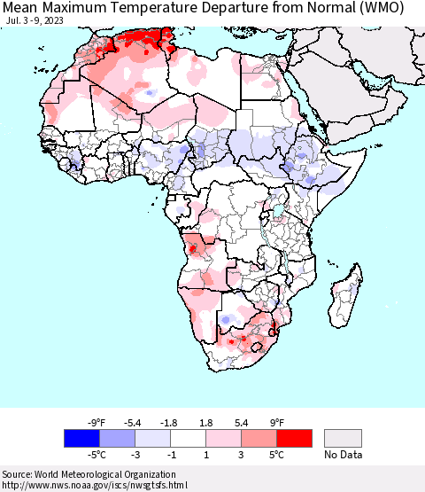 Africa Mean Maximum Temperature Departure from Normal (WMO) Thematic Map For 7/3/2023 - 7/9/2023
