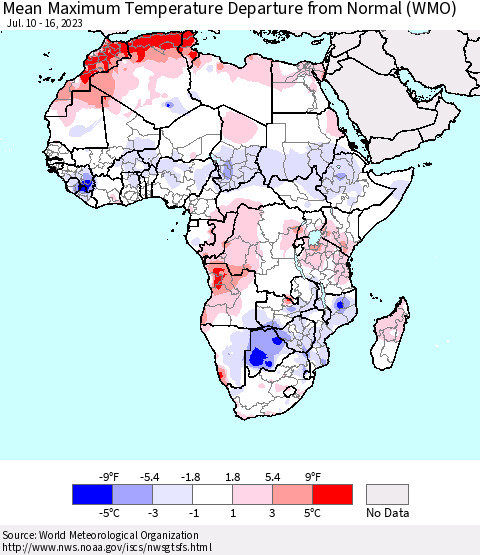 Africa Mean Maximum Temperature Departure from Normal (WMO) Thematic Map For 7/10/2023 - 7/16/2023