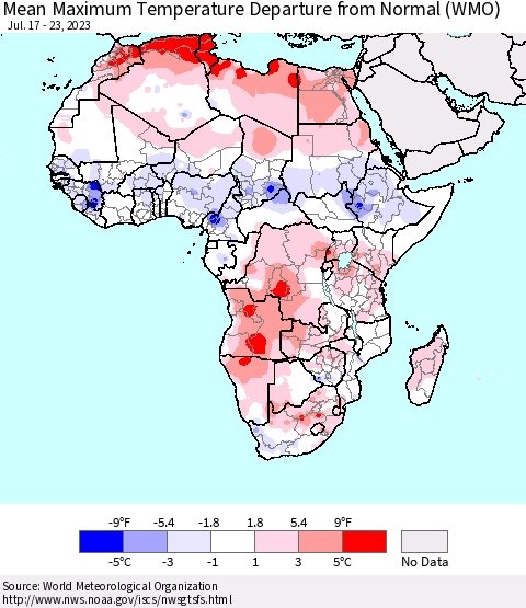 Africa Mean Maximum Temperature Departure from Normal (WMO) Thematic Map For 7/17/2023 - 7/23/2023