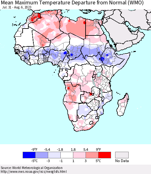 Africa Mean Maximum Temperature Departure from Normal (WMO) Thematic Map For 7/31/2023 - 8/6/2023