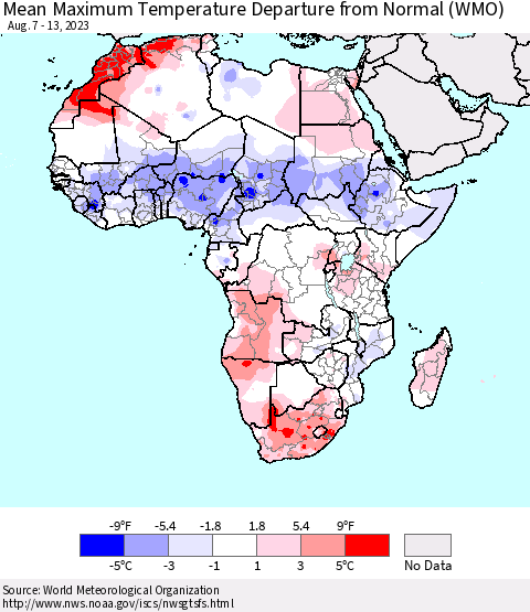 Africa Mean Maximum Temperature Departure from Normal (WMO) Thematic Map For 8/7/2023 - 8/13/2023