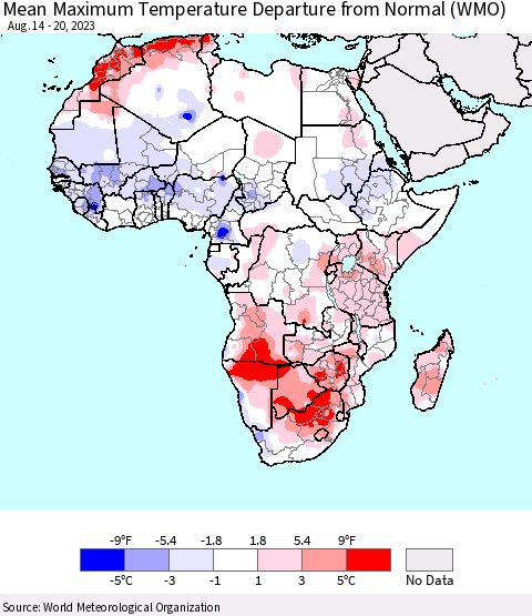 Africa Mean Maximum Temperature Departure from Normal (WMO) Thematic Map For 8/14/2023 - 8/20/2023