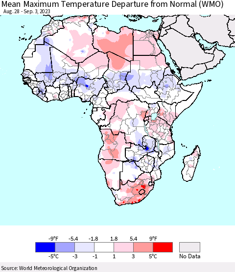 Africa Mean Maximum Temperature Departure from Normal (WMO) Thematic Map For 8/28/2023 - 9/3/2023
