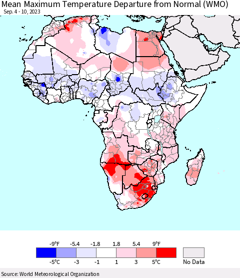 Africa Mean Maximum Temperature Departure from Normal (WMO) Thematic Map For 9/4/2023 - 9/10/2023
