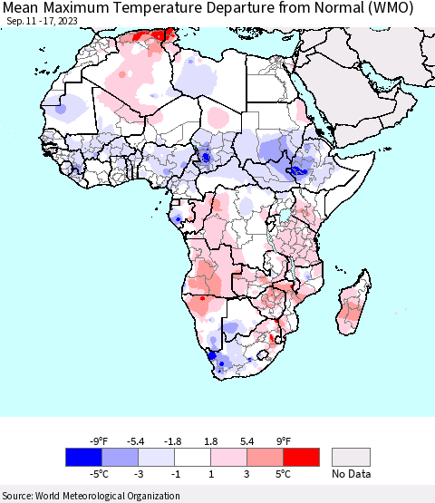 Africa Mean Maximum Temperature Departure from Normal (WMO) Thematic Map For 9/11/2023 - 9/17/2023
