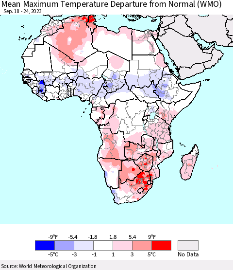 Africa Mean Maximum Temperature Departure from Normal (WMO) Thematic Map For 9/18/2023 - 9/24/2023