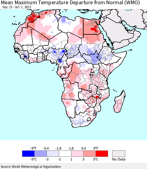 Africa Mean Maximum Temperature Departure from Normal (WMO) Thematic Map For 9/25/2023 - 10/1/2023