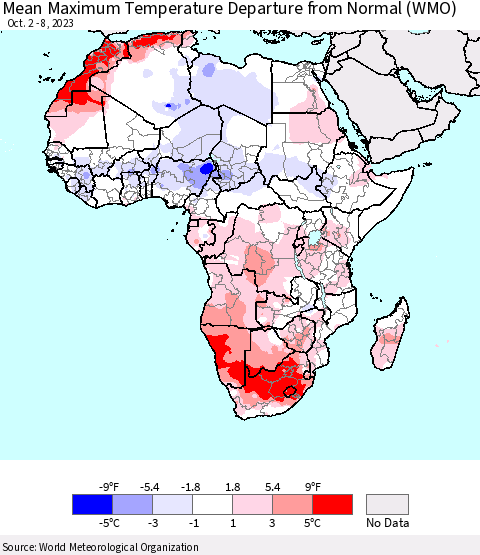 Africa Mean Maximum Temperature Departure from Normal (WMO) Thematic Map For 10/2/2023 - 10/8/2023