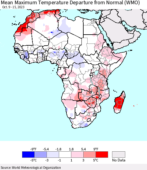 Africa Mean Maximum Temperature Departure from Normal (WMO) Thematic Map For 10/9/2023 - 10/15/2023