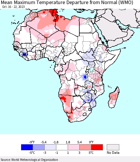 Africa Mean Maximum Temperature Departure from Normal (WMO) Thematic Map For 10/16/2023 - 10/22/2023