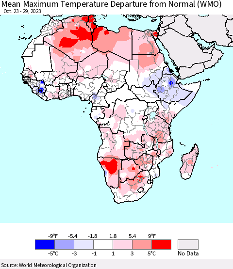 Africa Mean Maximum Temperature Departure from Normal (WMO) Thematic Map For 10/23/2023 - 10/29/2023