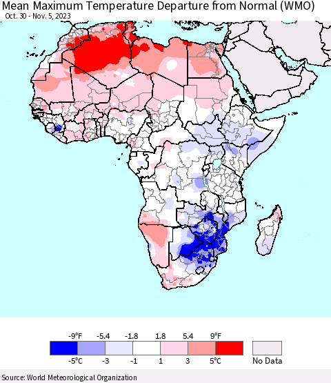 Africa Mean Maximum Temperature Departure from Normal (WMO) Thematic Map For 10/30/2023 - 11/5/2023