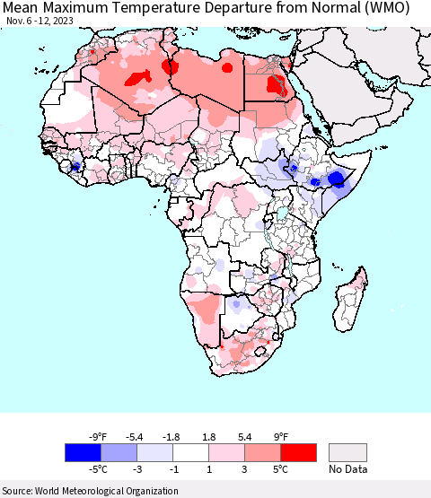 Africa Mean Maximum Temperature Departure from Normal (WMO) Thematic Map For 11/6/2023 - 11/12/2023