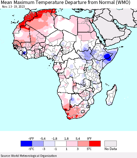Africa Mean Maximum Temperature Departure from Normal (WMO) Thematic Map For 11/13/2023 - 11/19/2023