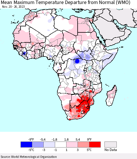 Africa Mean Maximum Temperature Departure from Normal (WMO) Thematic Map For 11/20/2023 - 11/26/2023