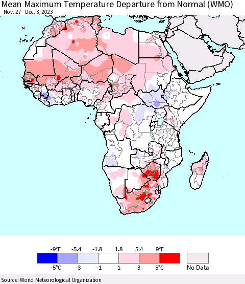 Africa Mean Maximum Temperature Departure from Normal (WMO) Thematic Map For 11/27/2023 - 12/3/2023